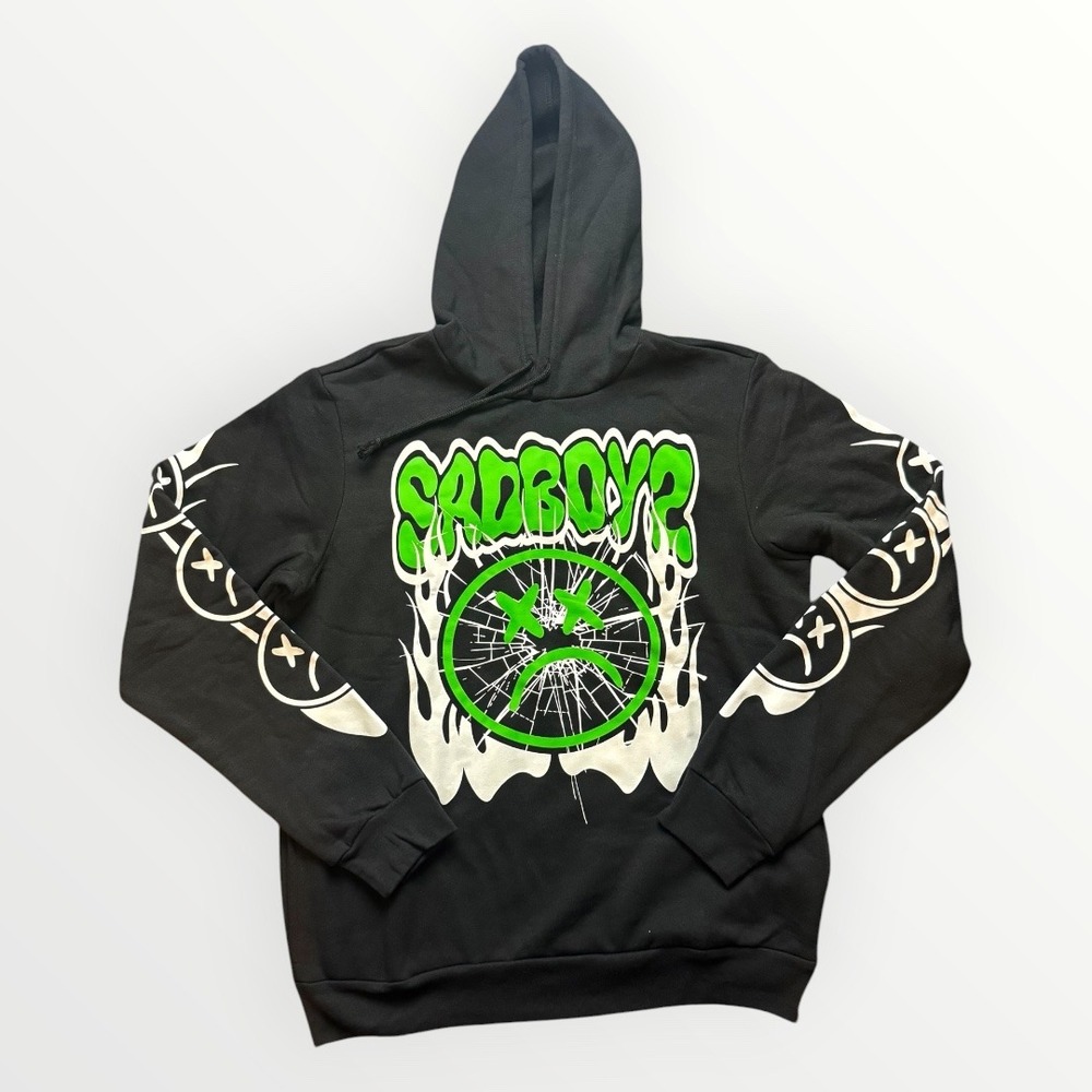 Sad Boyz by Junior H Web Pullover Hoodie Black Green Graphic Streetwear Large